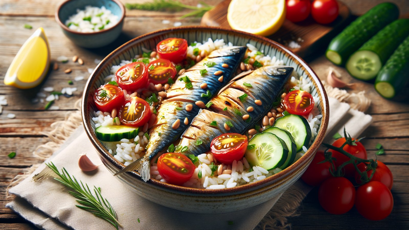Mediterranean Tinned Fish Rice Bowl with Lemon Herb Dressing