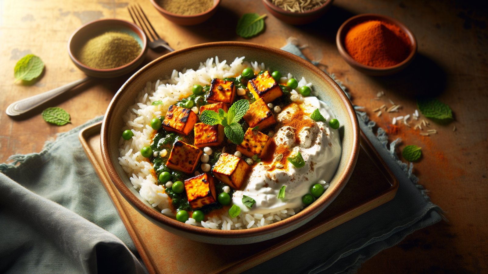 Paneer Tikka Bowl with Mint Yogurt and Basmati Rice